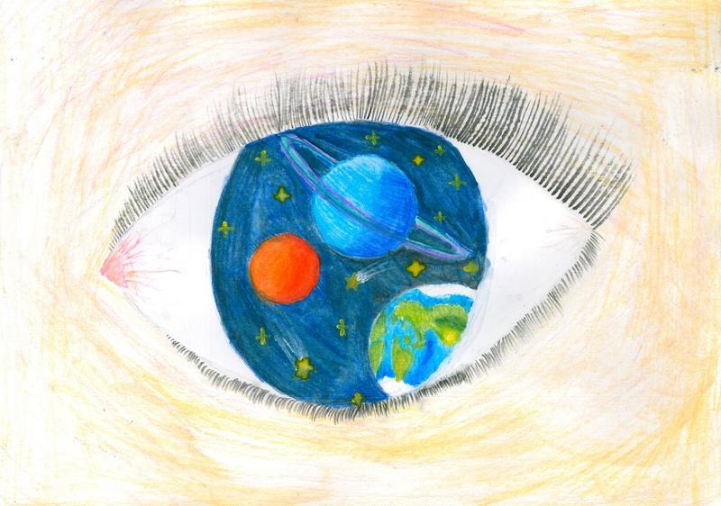 Obrázek Pohled na vesmír Terezy Rekové (1. místo v kategorii výtvarné dílo soutěžících do 12 let)