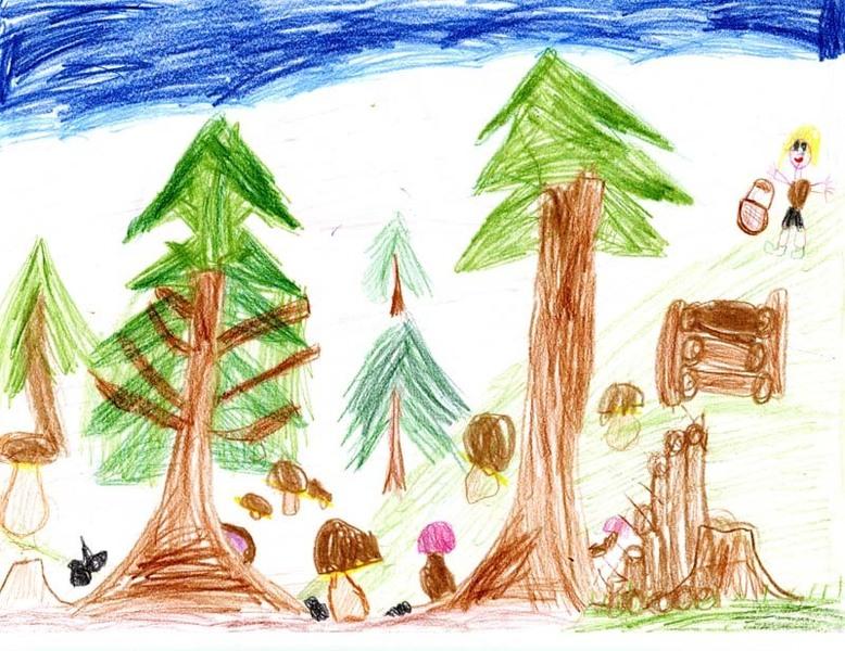 Prázdninové malování 2005 (sedm let): Můj nejhezčí zážitek z prázdnin – druhé místo v kategorii Cena ZUŠ Opočno – obrázek Hledání hub v lese