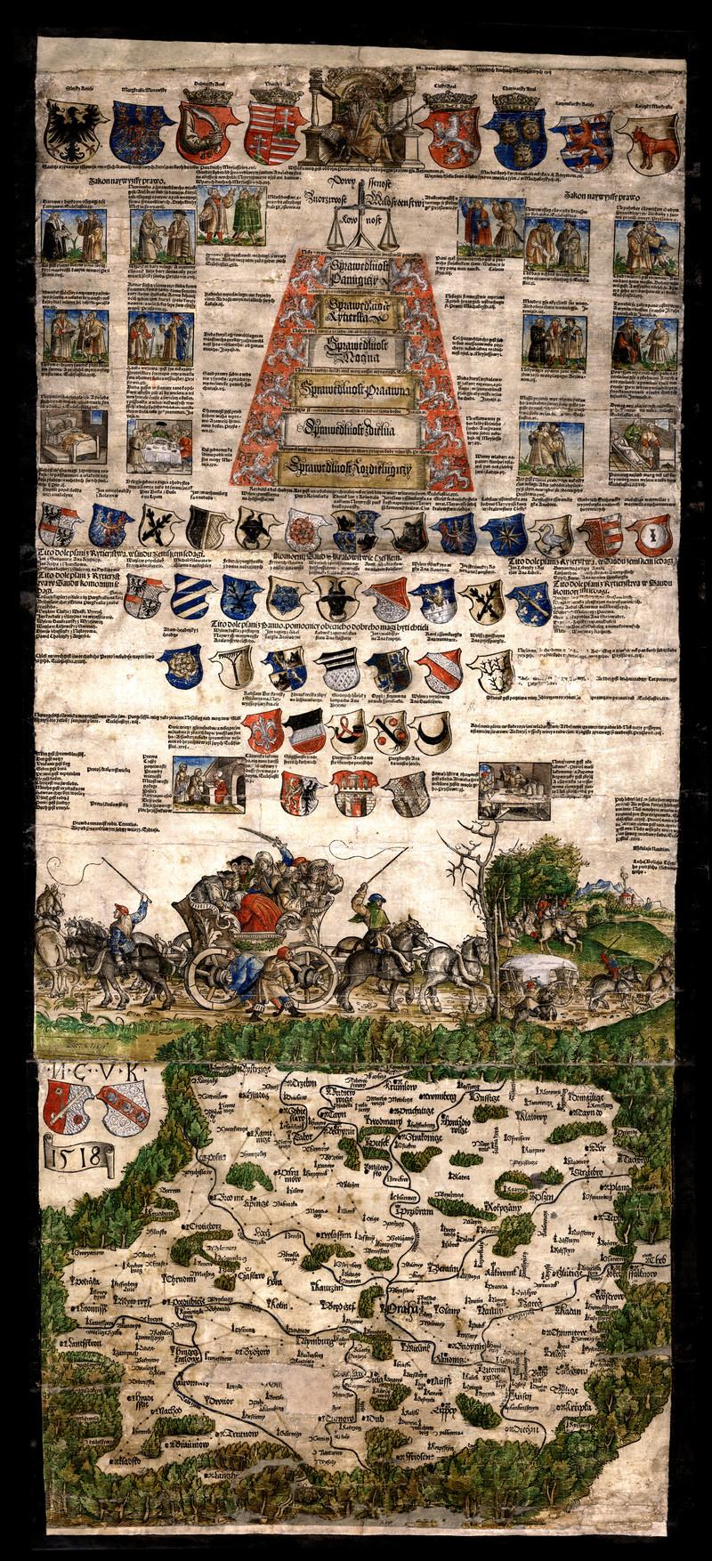 KLAUDYÁN, Mikuláš: [Ilustrovaný jednolist s mapou Čech], 1518 (originál je uložen v SOA Litoměřice; zdroj: https://cs.wikipedia.org/wiki/Klaudiánova_mapa#/media/File:1518bohemiamap.jpg)
