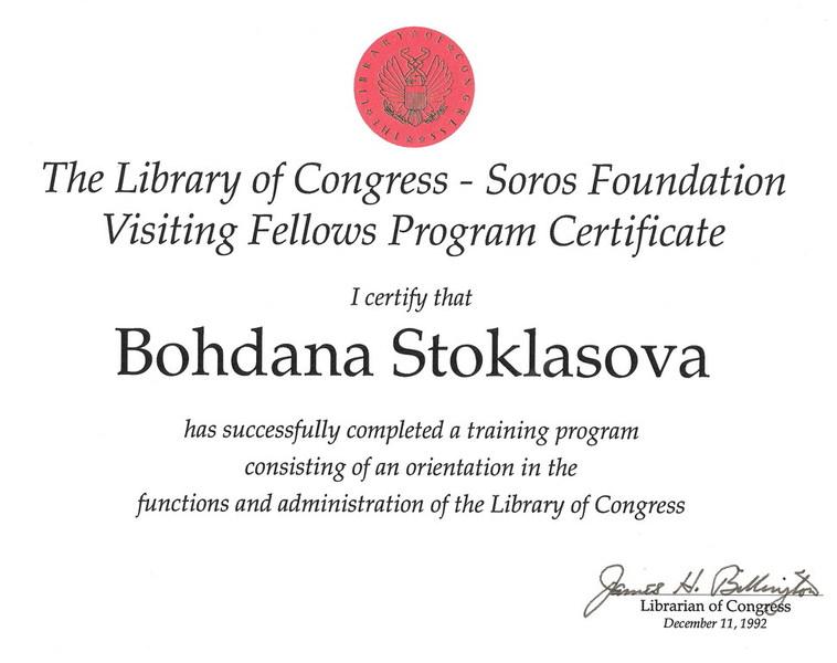 Certifikát o absolvování programu v Knihovně Kongresu