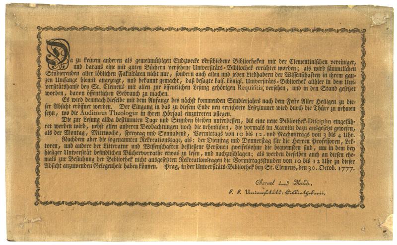 Oznámení kustodů Charuela a Mendeho o otevření knihovny z 30. října 1777 (zdroj: Archiv NK ČR)