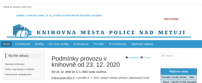 Hlavní stránka webu Knihovny města Police nad Metují (zdroj: https://www.knihovna-police.cz/, získáno 30. 12. 2020)