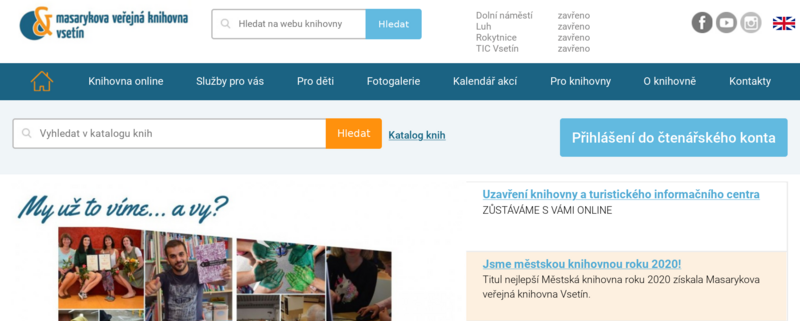 Hlavní stránka webu Masarykovy veřejné knihovny Vsetín (zdroj: https://www.mvk.cz/, získáno 30. 12. 2020)