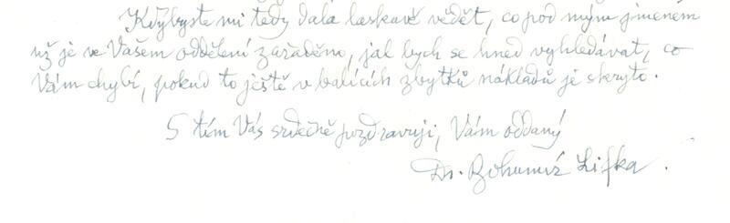 Ukázka dopisu Bohumíra Lifky (zdroj: osobní archiv Jitky Sakové)